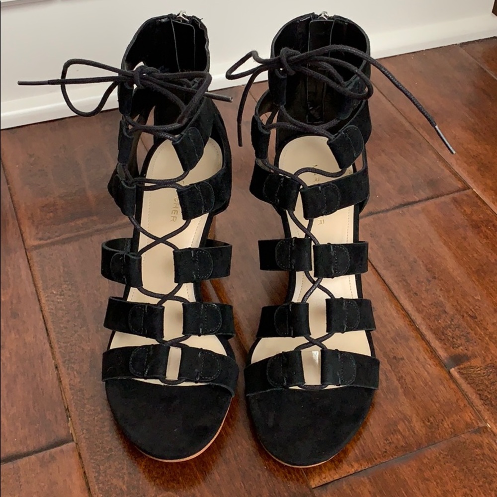 MARC FISHER Black Suede Lace Up Strappy Heels